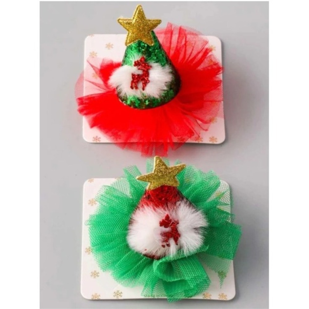 Christmas Tree Mini Hat Hair Clips Set of 2 Red Green Holiday Party